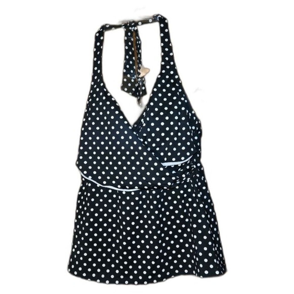 Lands End Women's Size 10 Black White Polka Dot Tankini Top Shelf Bra Adj